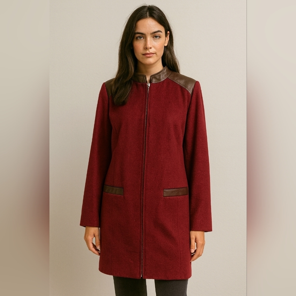 Vintage BRADLEY BAYOU Wool/Cashmere With Leather Trim Longline Jacket.Burgundy.S